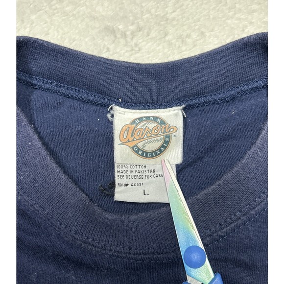 Vtg Cleveland Indians Navy Blue Embroidered T-Shirt Hank Aaron Originals Size L - Picture 6 of 9